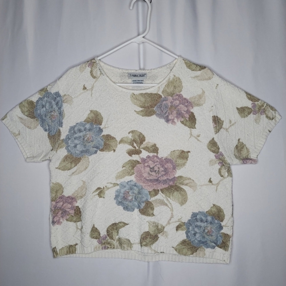 Cabin Creek Cropped Knit Top XL Cream Pastel Floral Textured Short Sleeve 90's